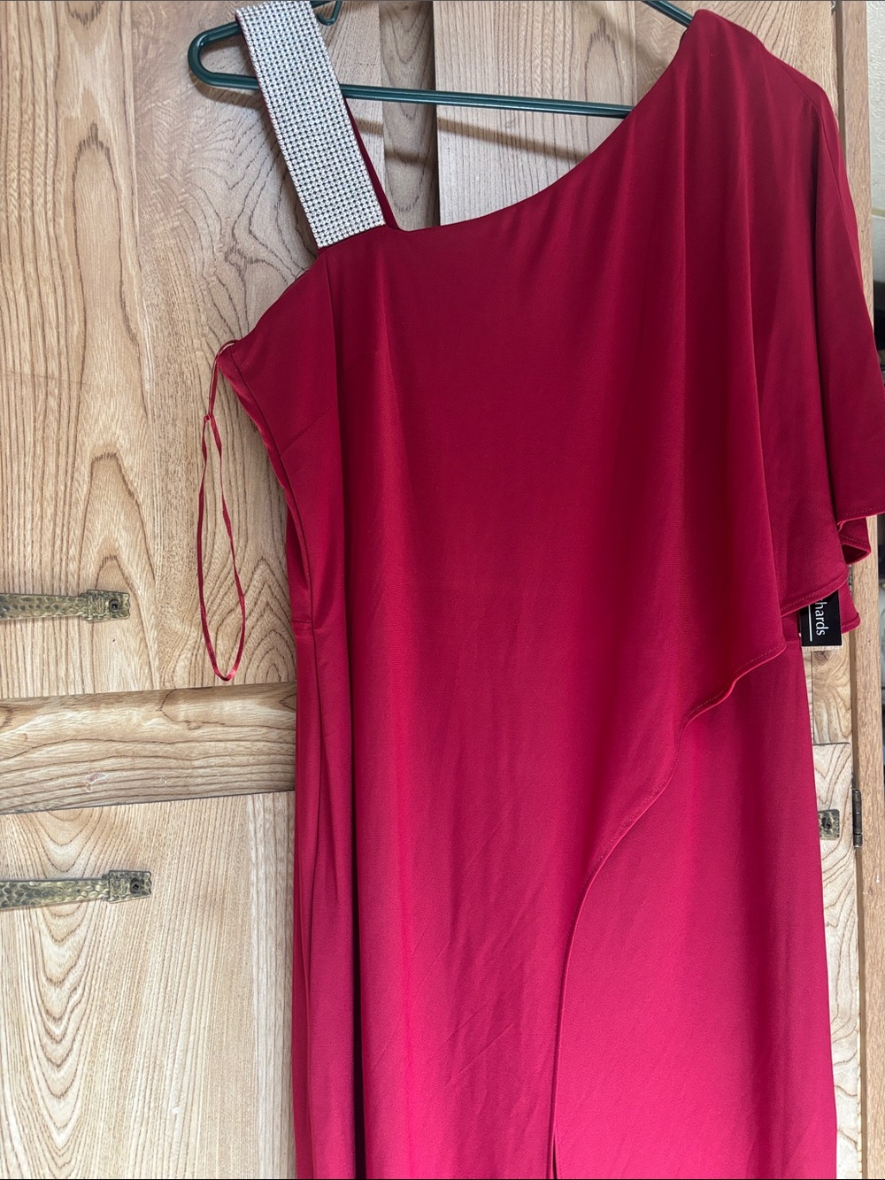 R&M Richards asymmetric Red Jumpsuit embellished single shoulder strap